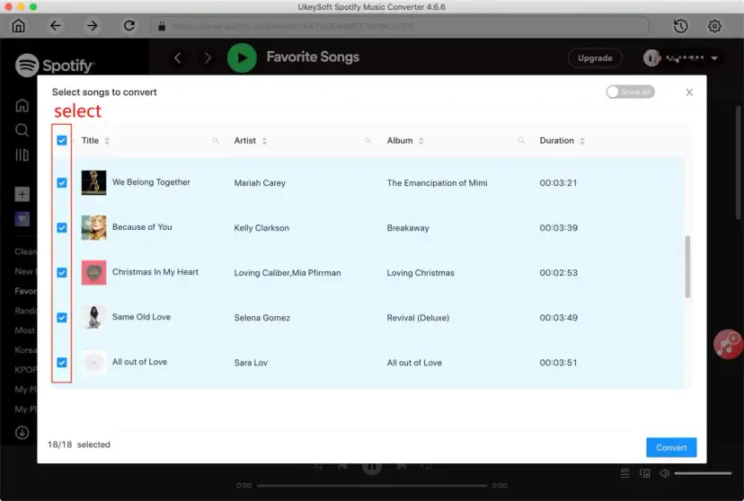 Lista utworów Spotify z zaznaczonymi do pobrania piosenkami.