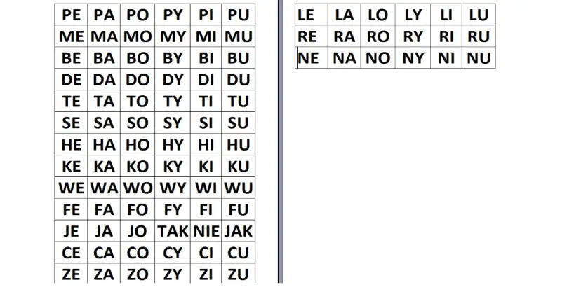 Tabele z sylabami, np. PE, PA, PO, PY, PI, PU, ME, MA, MO, MY, MI, MU. Idealne, by nauczyć 6 latka czytać.