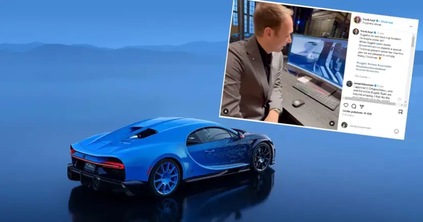 Niebieski Bugatti Chiron, jeden z tych, które ma w Polsce, na tle gór. Obok mężczyzna przy komputerze.