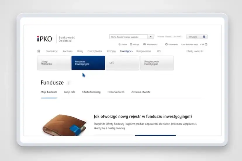 Ekran bankowości PKO BP z zakładką "Fundusze Inwestycyjne". Dowiedz się, jak zamknąć fundusz inwestycyjny PKO.
