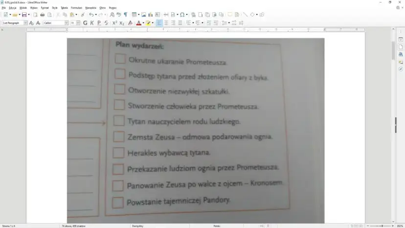 Plan wydarzeń: okrutne ukaranie Prometeusza, podstęp tytana, stworzenie człowieka, zemsta Zeusa, Herakles wybawca tytana, przekazanie ognia, powstanie Pandory.