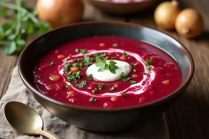 Aksamitna zupa buraczkowa z kleksem śmietany i posiekaną natką pietruszki, podana w misce na drewnianym stole.