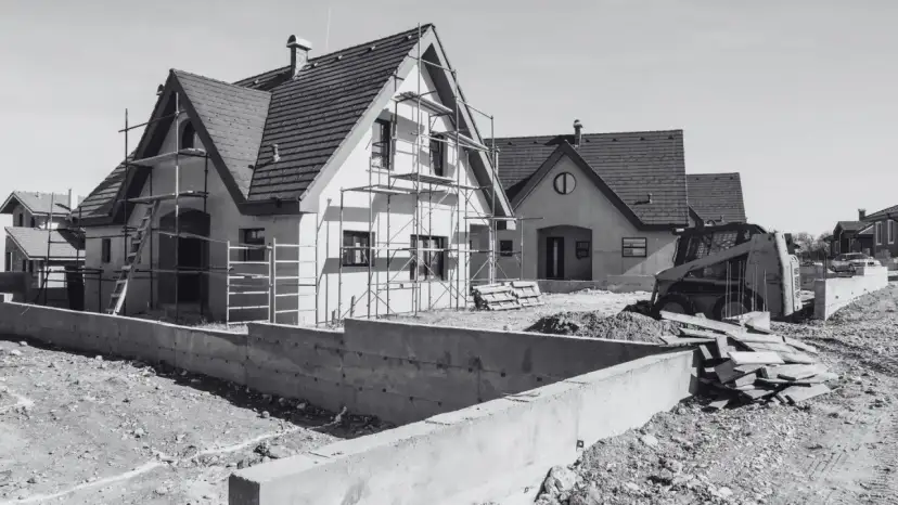 Domy w budowie, rusztowania, koparka i materiały budowlane. Mam pozwolenie na budowę, co dalej? Czas na realizację marzeń o własnym domu.