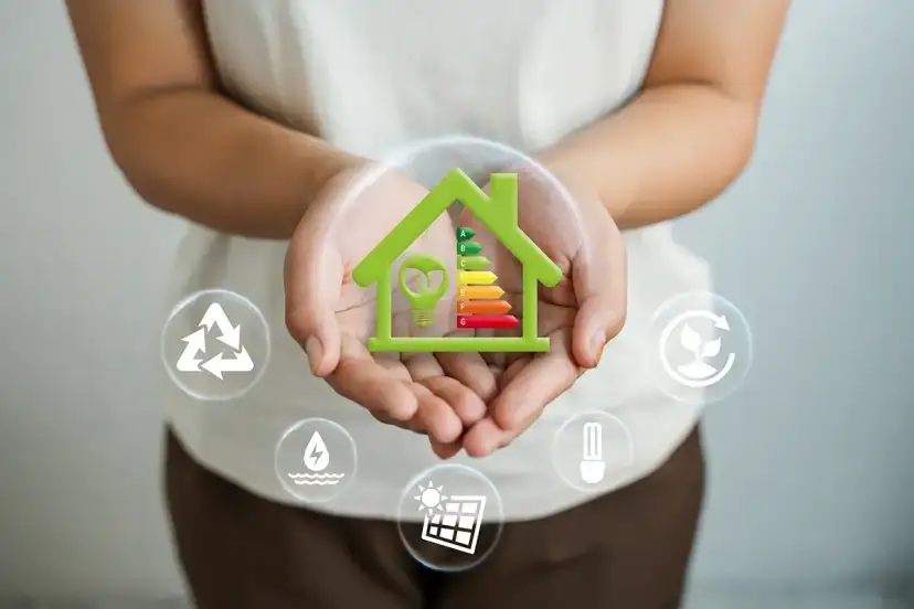 Zielony dom z ikonami symbolizującymi ekologię i efektywność energetyczną. Wewnątrz domu znajduje się żarówka i skala klasa energetyczna budynku (kWh/m²/rok).