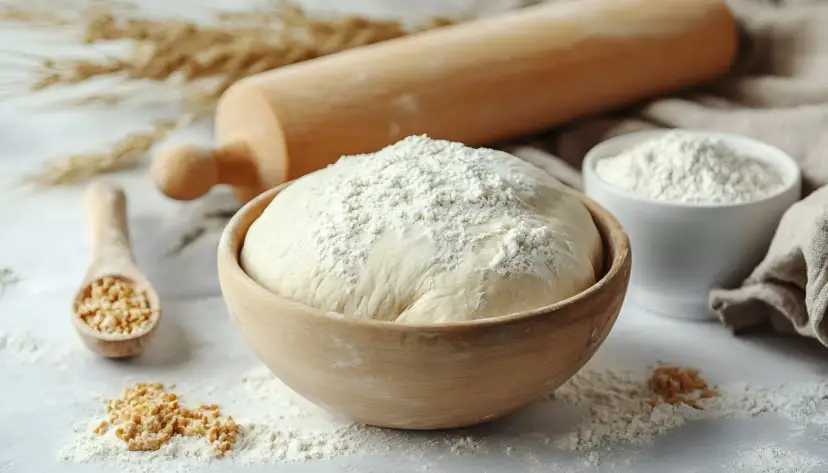 Ciasto na pyszną pizzę bezglutenową rośnie w drewnianej misce, obok wałka i mąki.