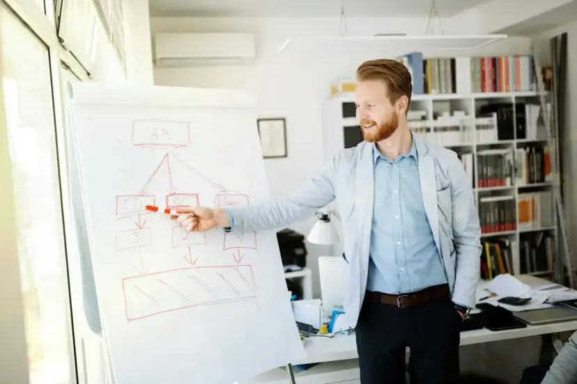 Mężczyzna z rudym zarostem wyjaśnia na tablicy schemat, który ilustruje strategię dyferencjacji.