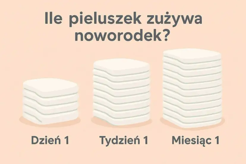 Ile pampersów dziennie zużywa noworodek? Grafika pokazuje stosy pieluszek na Dzień 1, Tydzień 1 i Miesiąc 1, ilustrując ich rosnącą liczbę.
