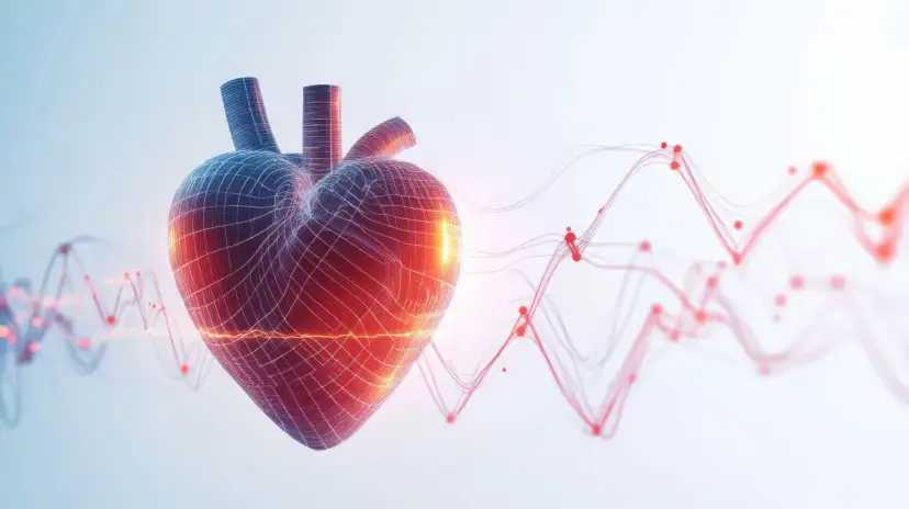 Graficzna wizualizacja serca z liniami EKG i pulsu.
