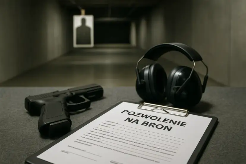 Pistolet, słuchawki i formularz "Pozwolenie na broń" na strzelnicy.