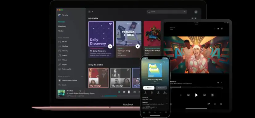 Ekran laptopa, tabletu i telefonu z interfejsem aplikacji Tidal.