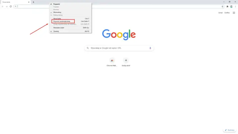 Menu przeglądarki pokazuje, jak przywrócić zamknięte karty. Kliknij "Przywróć zamkniętą kartę" lub użyj skrótu Ctrl+Shift+T.