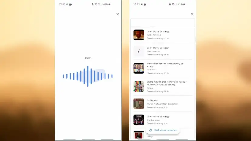 Zwei Smartphone-Bildschirme: Links eine Musikerkennungs-App mit Wellenform, rechts eine Liste mit Songvorschlägen.