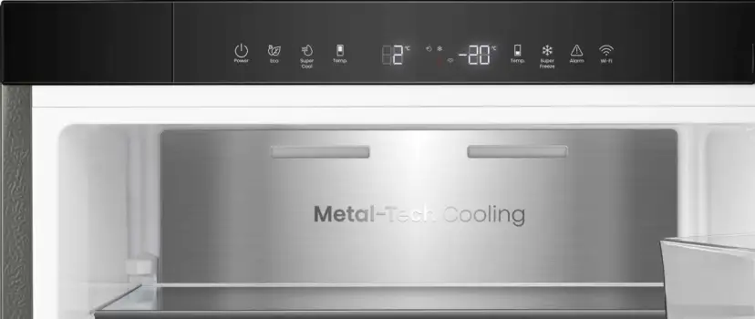 Panel sterowania zamrażarki z wyświetlaczem temperatury -20°C i ikonami funkcji.