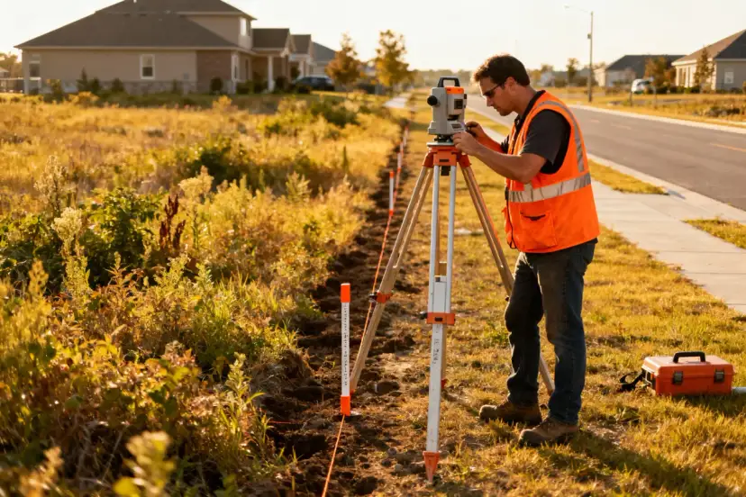 Geodeta w kamizelce odblaskowej pracuje przy tachimetrze. Określa, ile kosztuje podział działki na 4.