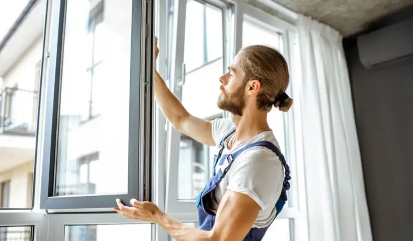 Montaż okien w bloku z dofinansowaniem. Fachowiec sprawdza nowe okno, które poprawi komfort i zmniejszy rachunki.