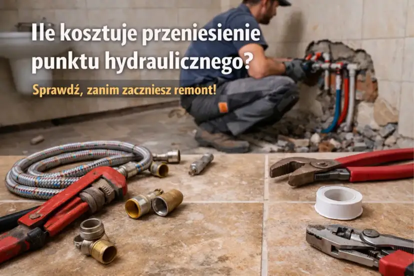 Hydraulik pracuje przy instalacji wodnej, obok leżą narzędzia: klucze, taśma i węże.