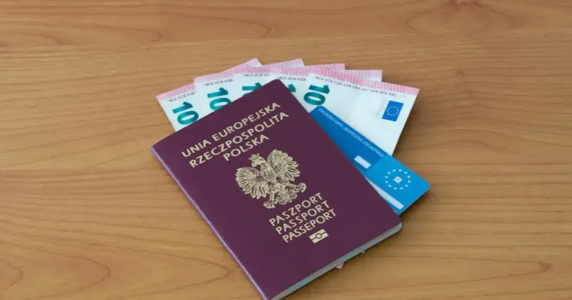 Polski paszport, euro i karta ubezpieczenia zdrowotnego na drewnianym tle.
