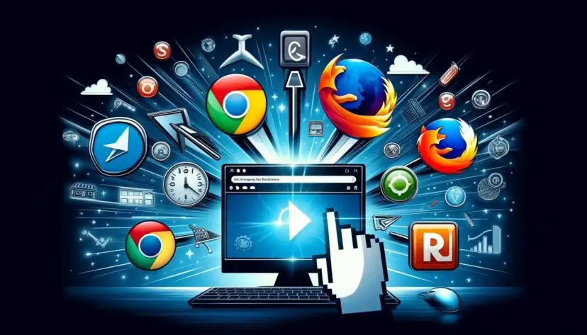 Ikony przeglądarek internetowych (Chrome, Firefox) i komputer z kursorem myszy na tle sieci.