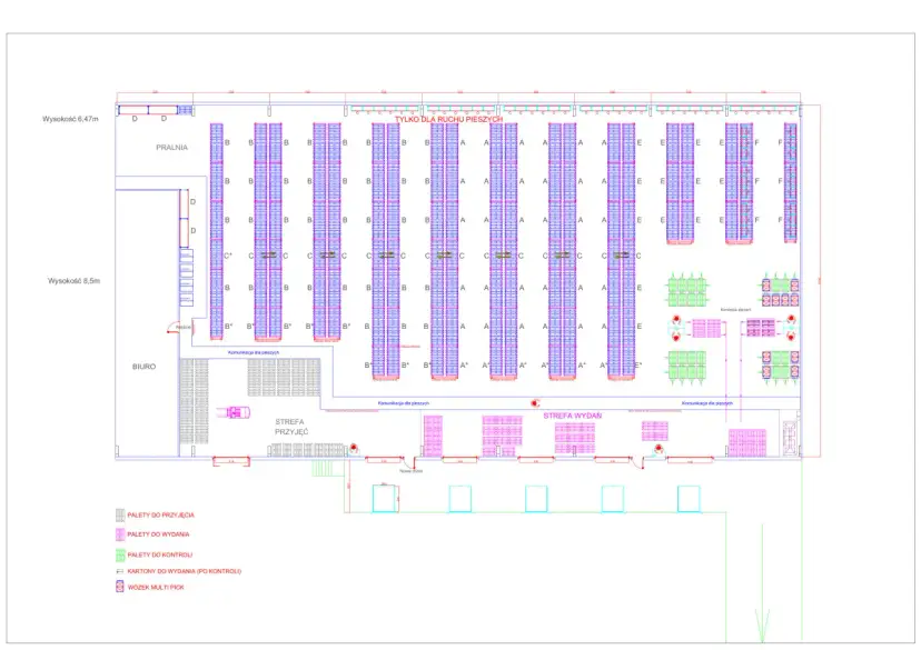 Schemat układu magazynu z zaznaczonymi strefami przyjęć, wydań, biurem i regałami.