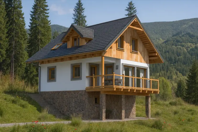 Nowoczesny dom szkieletowy w otoczeniu gór. Zastanawiasz się, dom szkieletowy ile lat przetrwa? Ten wygląda na solidny.