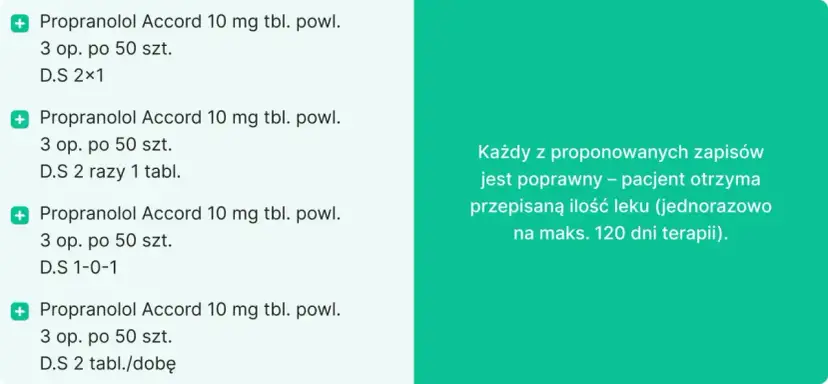 Propranolol Accord 10 mg: 3 op. po 50 szt. Każdy zapis pozwala na wydanie leku jednorazowo na maks. 120 dni terapii.