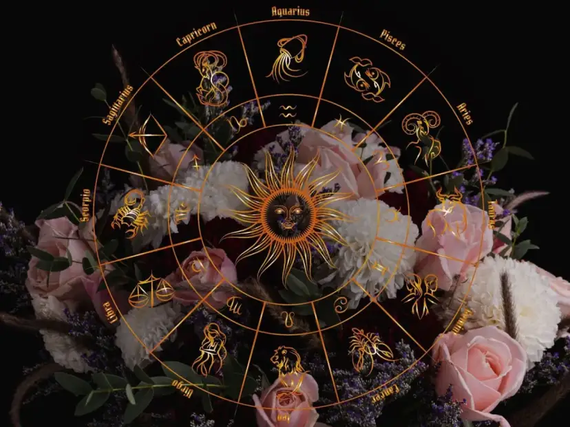 Zodiakalny krąg z symbolami i słońcem na tle bukietu róż. Kwiaty przypisane do miesięcy tworzą mistyczną oprawę.