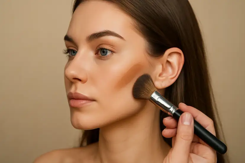 Kobieta z niebieskimi oczami nakłada bronzer pędzlem na policzek.