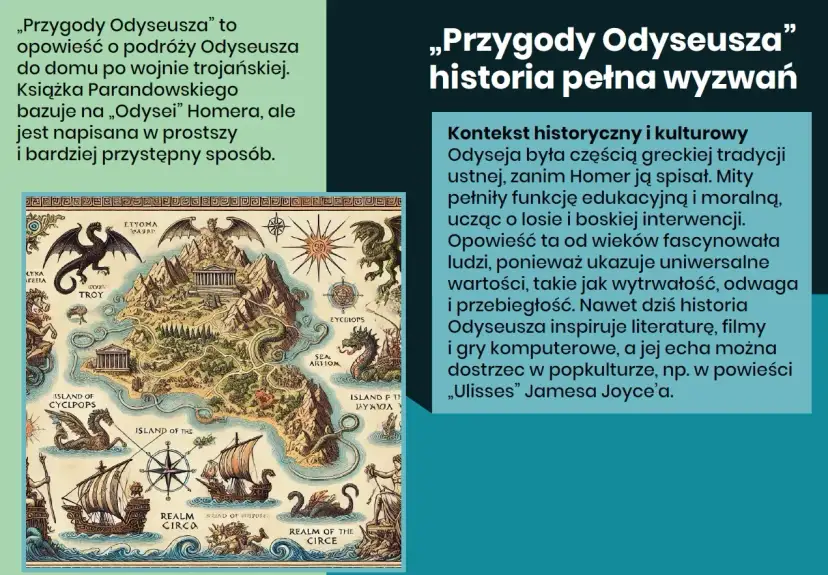 Ilustracja do "Przygód Odyseusza" Jana Parandowskiego. Mapa przedstawia mityczne krainy, potwory i statki, nawiązując do Odysei.