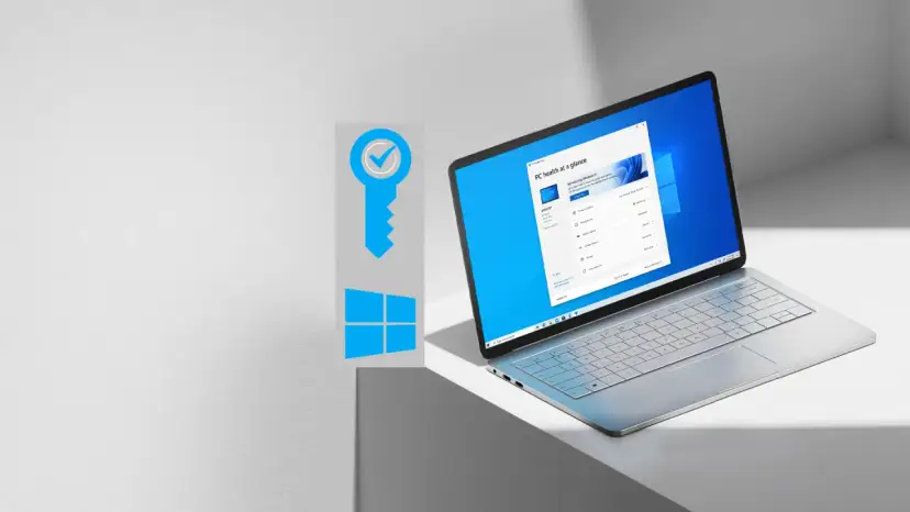Grafika klucza z symbolem Windows i otwarty laptop z systemem Windows 11.