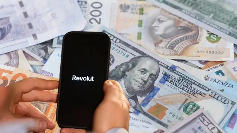 Dłoń trzyma smartfon z logo Revolut na tle różnych walut. To banki, które nie współpracują z komornikiem, oferując alternatywę dla tradycyjnych instytucji.