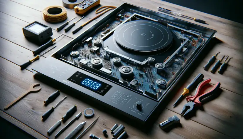 Rozłożona płyta indukcyjna z narzędziami. Czy płyta indukcyjna ma bezpiecznik? Widać elektronikę i cewki.