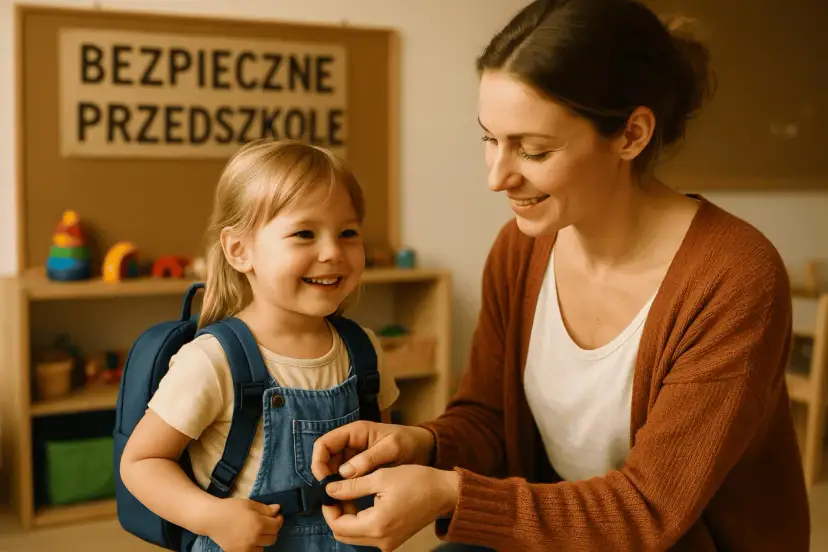 Uśmiechnięta pani pomaga dziewczynce z plecakiem w przedszkolu. Zastanawiasz się, ile kosztuje przedszkole państwowe?