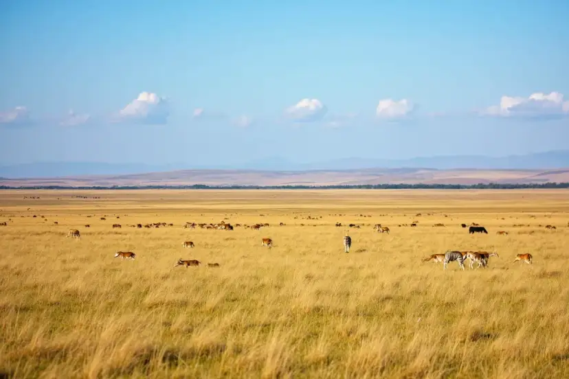 Sawanna w Kenii, gdzie kiedy najlepiej lecieć do Kenii, by zobaczyć stada antylop i zebr pasące się na tle błękitnego nieba.
