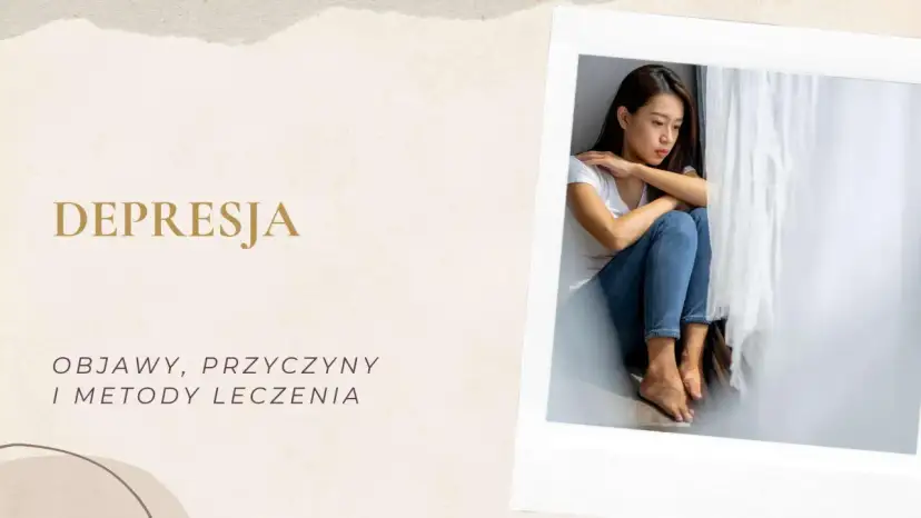 Młoda kobieta siedzi przy oknie, obejmując nogi, z wyrazem smutku na twarzy.