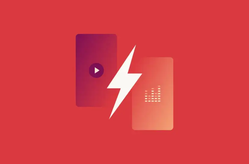 Dwa prostokąty z ikonami: odtwarzania i fali dźwiękowej, rozdzielone błyskawicą.