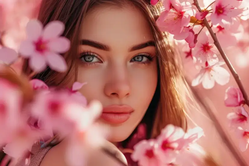 Delikatna twarz otoczona kwitnącymi gałązkami wiśni. Jej oczy błyszczą jak krople rosy, a usta są niczym pąki kwiatów. To uosobienie imiona kwiatowe.