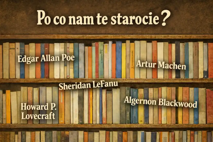 Półki pełne książek z nazwiskami autorów: Edgar Allan Poe, Artur Machen, Sheridan Le Fanu, Howard P. Lovecraft, Algernon Blackwood.