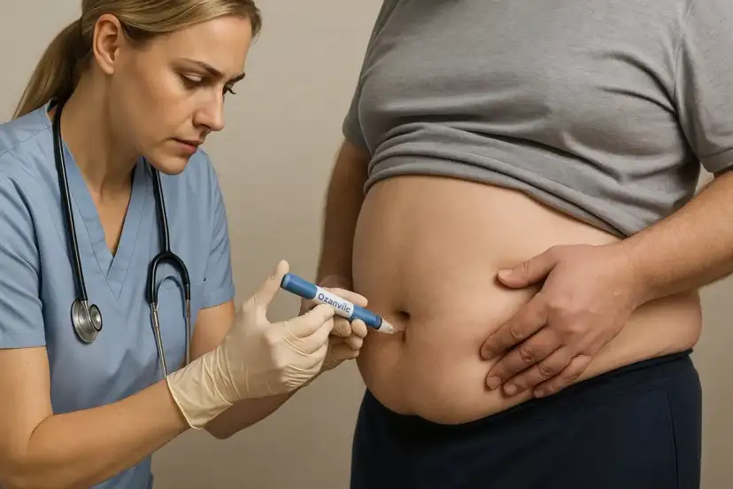 Pielęgniarka podaje zastrzyk na odchudzanie pacjentowi z otyłością brzuszną.