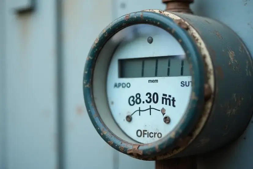 Stary licznik gazu z cyfrowym wyświetlaczem pokazuje 38.30 m³. Jak podać stan licznika gazu po wymianie?