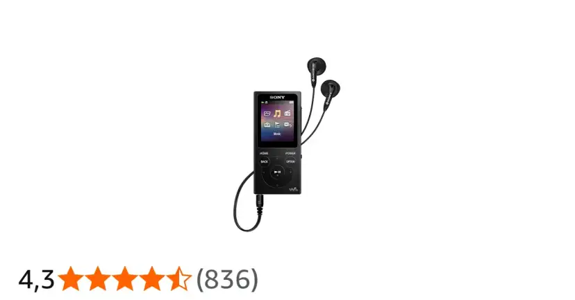 Czarny odtwarzacz MP3 Sony z słuchawkami i kolorowym ekranem.