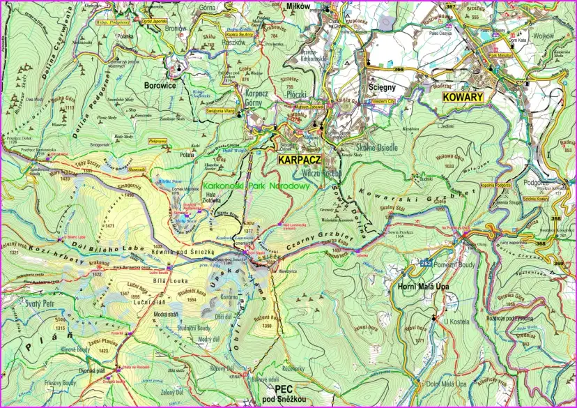 Mapa turystyczna Karkonoszy, pokazująca szlaki, schroniska i szczyty. Widać tu Karpacz, Kowary i Śnieżkę, gdzie leżą Karkonosze.