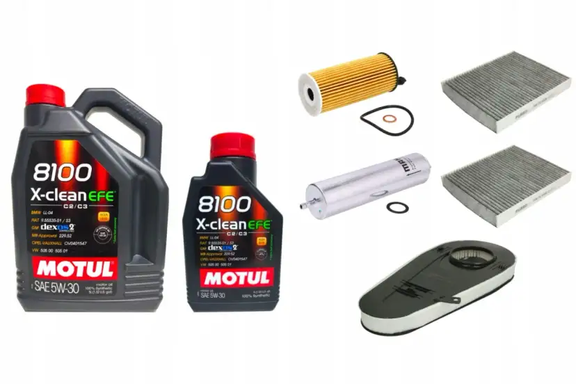Dwa opakowania oleju Motul 8100 X-clean EFE 5W-30 oraz filtry: oleju, kabinowy i powietrza.
