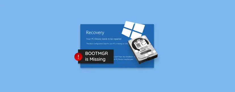 Komunikat o błędzie "BOOTMGR is Missing" na niebieskim tle, obok dysku twardego i logo Windows.