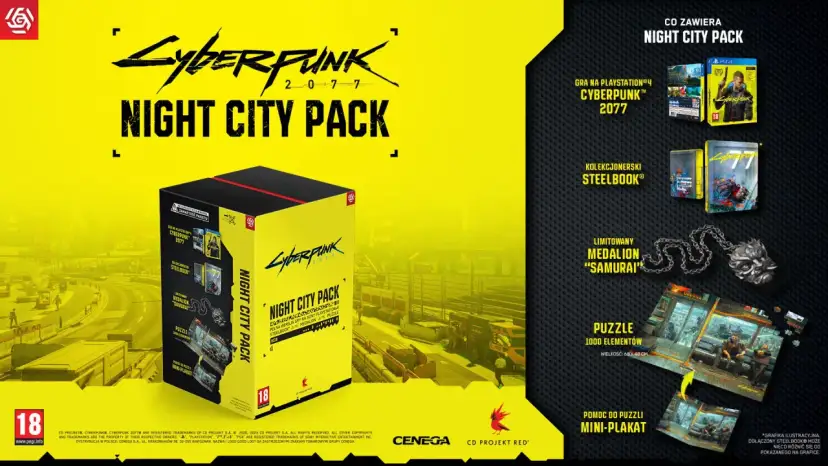 Opakowanie gry Cyberpunk 2077 Night City Pack z zawartością: gra PS4, steelbook, medalion, puzzle i plakat.