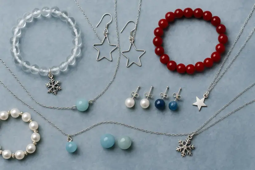Biżuteria z koralików naturalnych: bransoletki z kryształu górskiego, pereł i czerwonych koralików, naszyjniki z niebieskimi kamieniami i płatkami śniegu, kolczyki w kształcie gwiazdek i kuleczek.