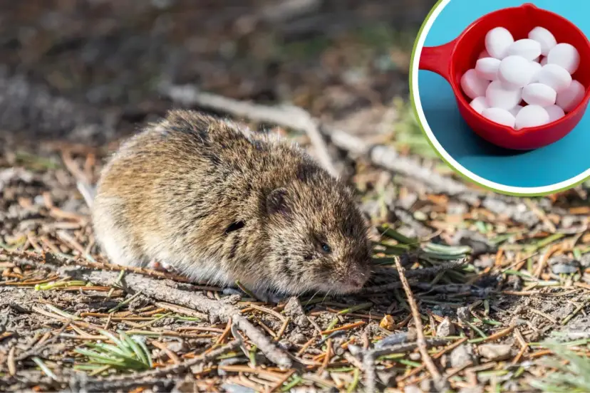 Gryzonie, które możesz spotkać w ogrodzie, jak ten nornik, czasem potrzebują pomocy. W czerwonej miseczce są kulki na krety.