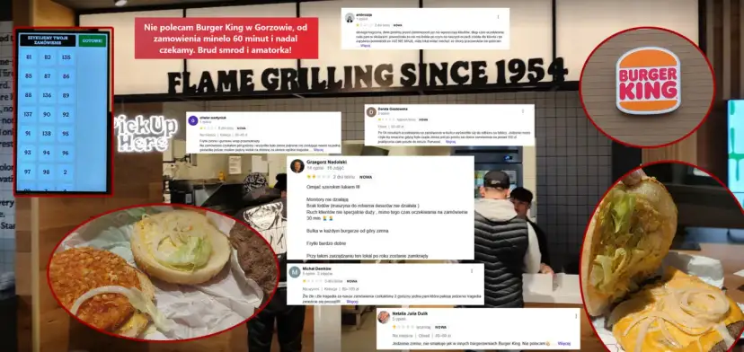 Porównanie obiad z Burger King vs restauracji. Na ekranie numery zamówień, a obok opinie o długim czekaniu i zimnym jedzeniu.