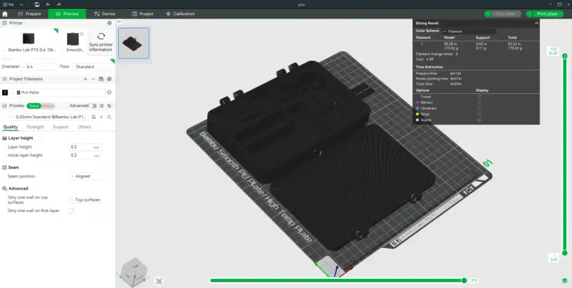 Drukarka 3D z dyszą 0.8 mm, przygotowująca do druku czarny, złożony model. Ustawienia jakości druku, takie jak wysokość warstwy 0.2 mm, są widoczne.