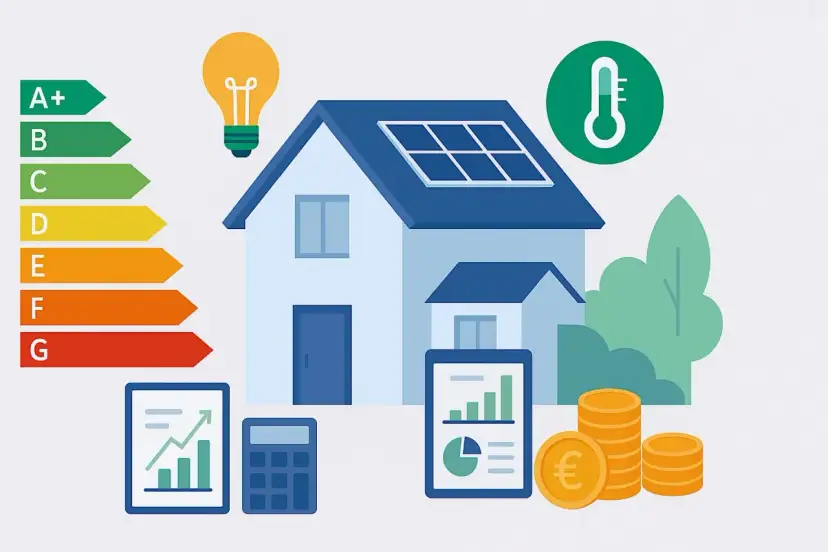 Dom z panelami słonecznymi, żarówką i termometrem. Obok wykresy, kalkulator i monety euro. To wszystko symbolizuje audyt energetyczny czyste powietrze i oszczędności.