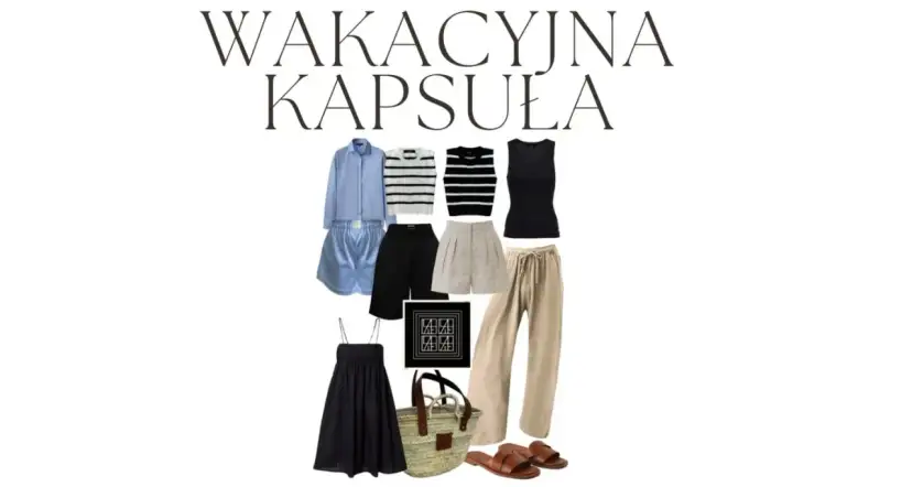 Kolekcja ubrań i akcesoriów na wakacje: sukienka, spodenki, spodnie, bluzki, torba, klapki.